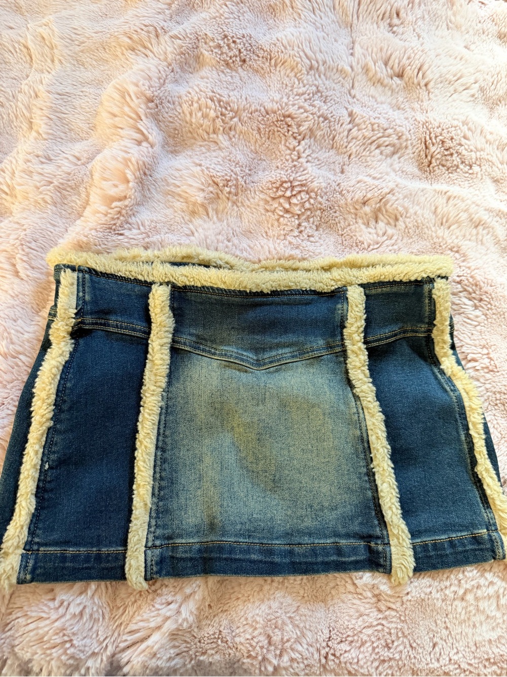 Dolls Kill Blue Denim Mini Skirt with Cream Sherpa Trim